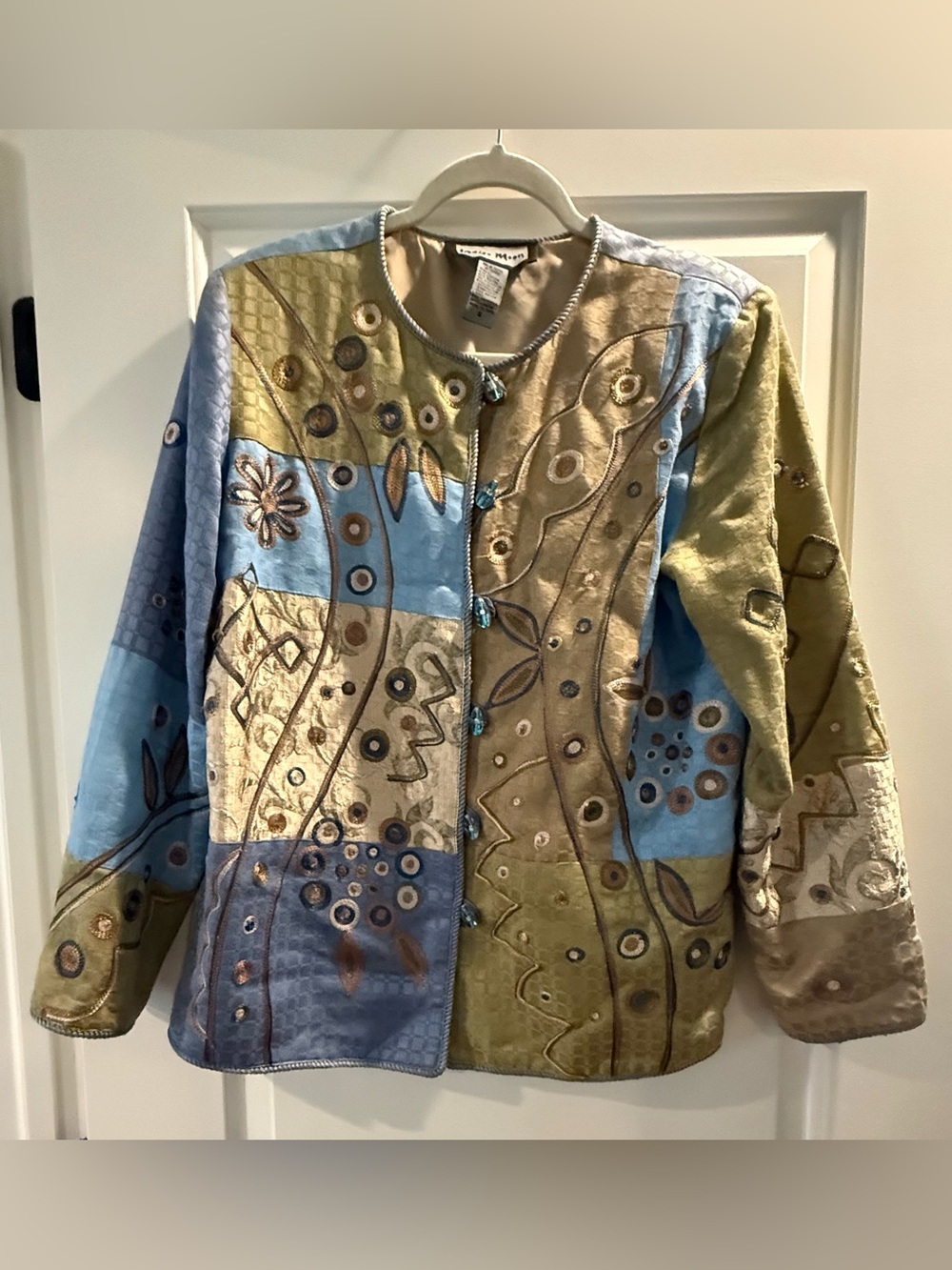 Indigo Moon Patchwork Embroidered Art Glass Button-Front Jacket - Blue & Olive